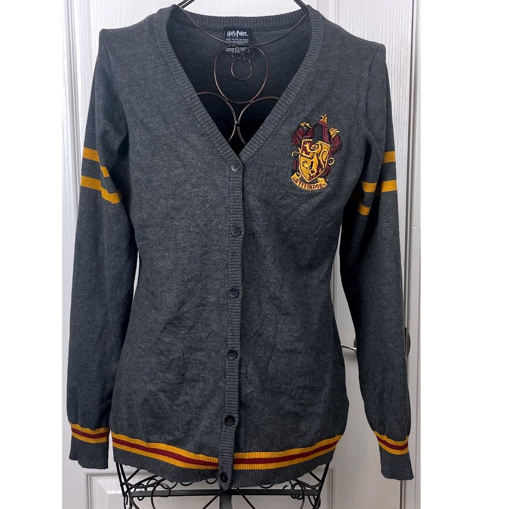 Harry Potter Gryffindor Cardigan Sweater Gray V-Neck Embroidered Crest Sz XL EUC
